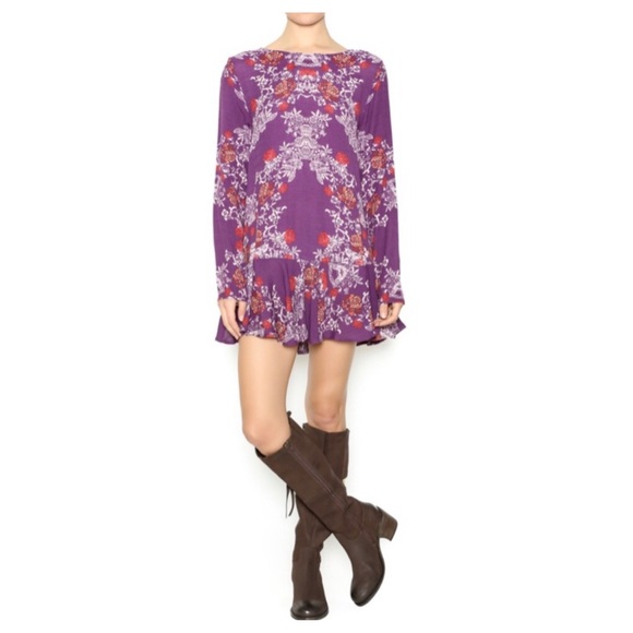 Free People Berry Purple Floral Open Back Tunic Printed Flowy Mini Dress - Picture 5 of 16